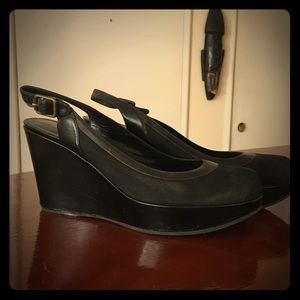 Black suede sling back wedge